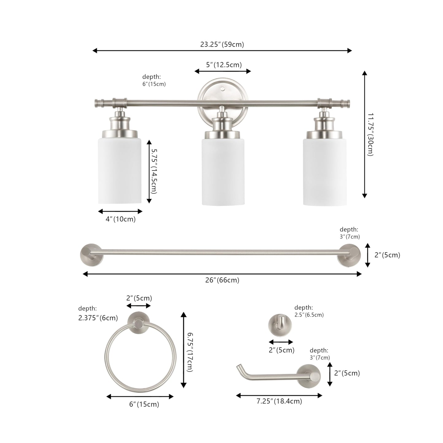 JONATHAN Y JYL1503C Egan 23.25" 3-Light Classic Cottage Vanity Light with Frosted Glass Shades and Bathroom Accessory Set, Brushed Nickel (5-Piece)