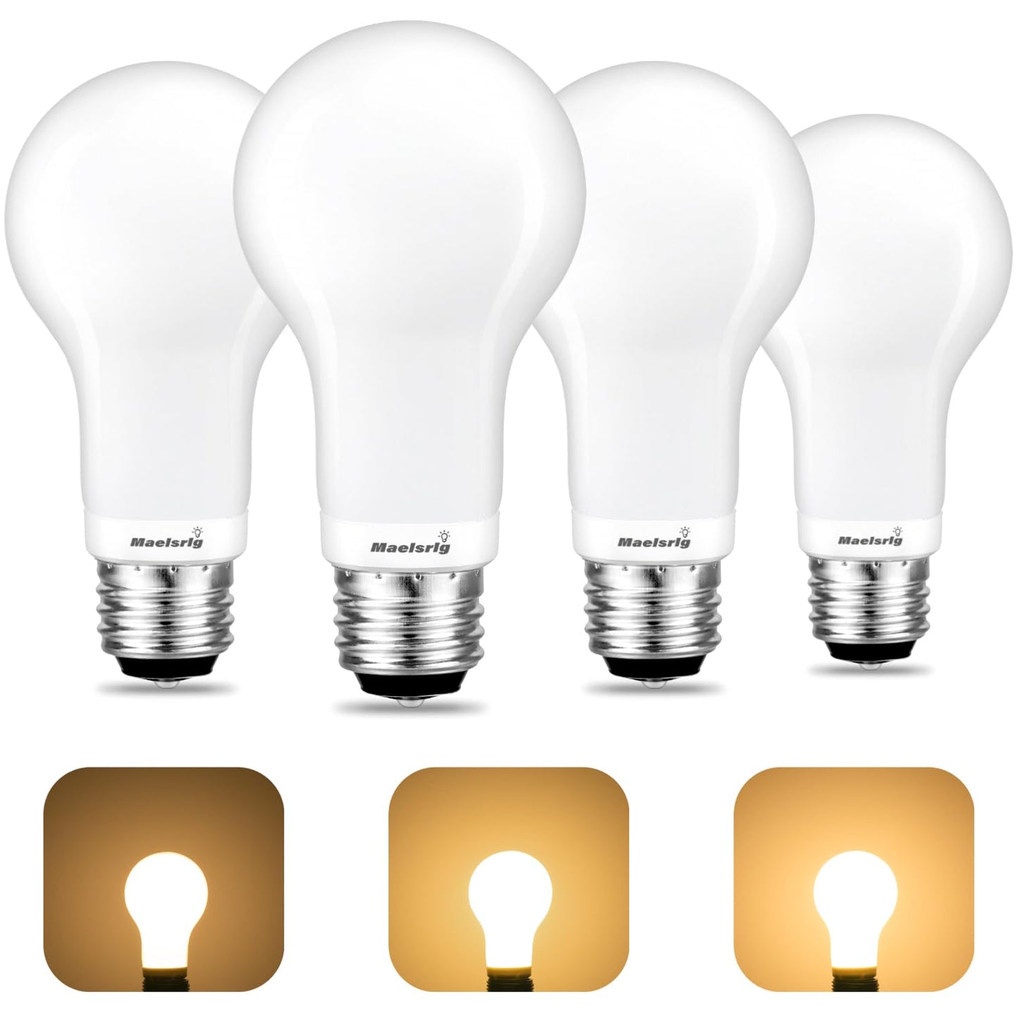 Maelsrlg 3-Way Light Bulbs, 30 70 100 Watt Equivalent, Soft White 2700K, A19 Three Way LED Bulbs, 3W/8W/10W, E26 Medium Base, Pack of 4