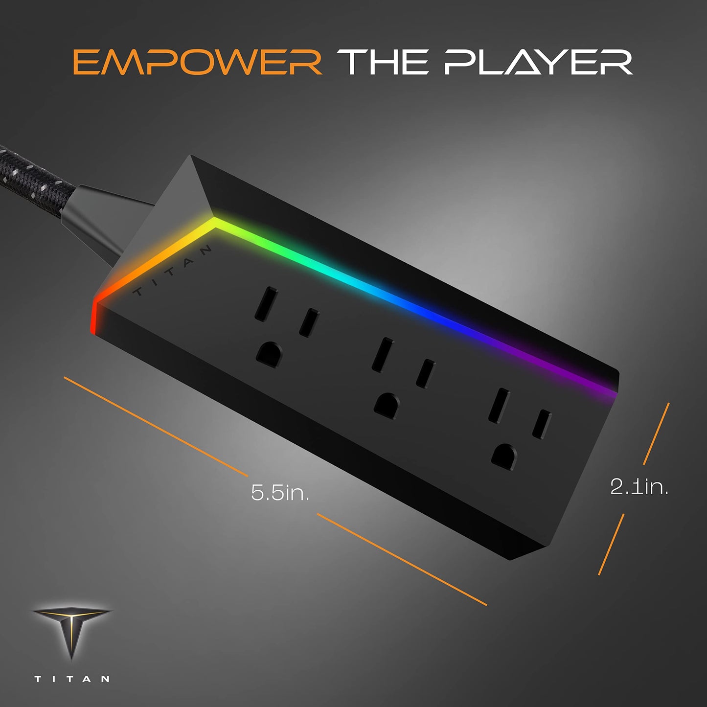 Titan 3-Outlet Power Strip, 8 ft Braided Extension Cord, LED Light Strip with Full Spectrum Color-Select, Compatible with Power Gaming PC, Laptop