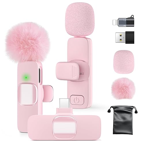 Mini Wireless Lavalier Microphone for iPhone 16/15/14/Android, Lapel Mic with Noise Reduction, 12H, 65ft, Pink Tiny Microphone Content Creator