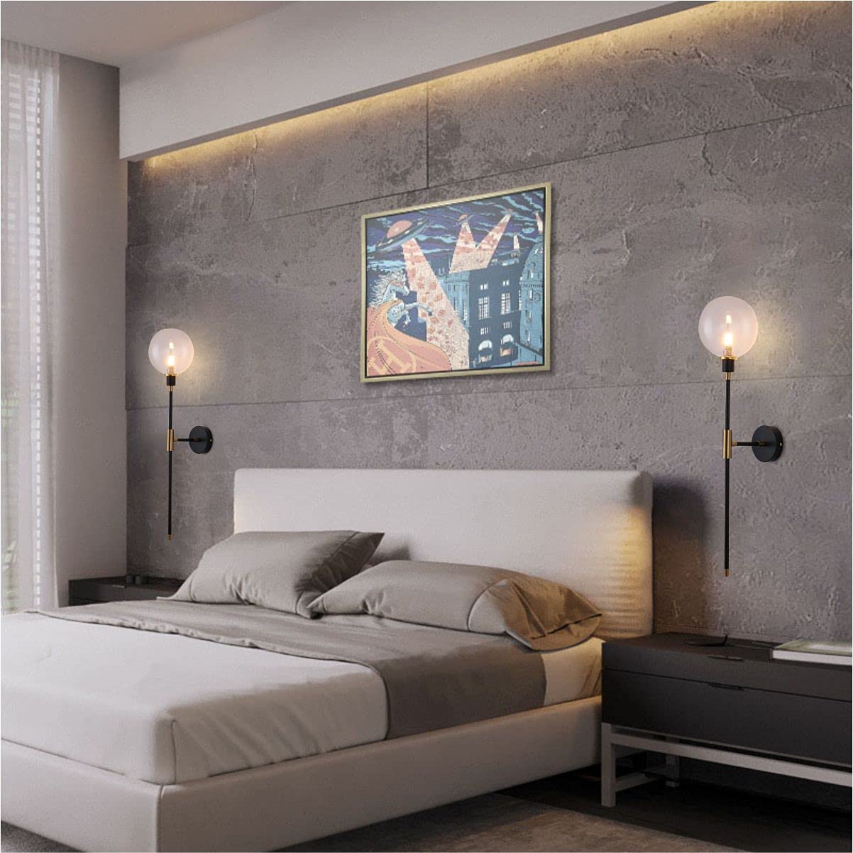 KCO KCOLighting 1-Light Sconces Wall Light Gold Black Modern Wall Mounted Sconce Globe Glass Shade Wall Lamp with Long Arm for Bedroom Hallway
