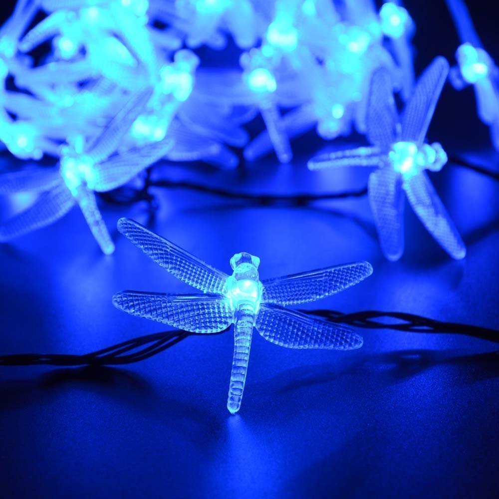 DINOWIN Dragonfly Lights, 20FT/6M 30 LED Solar String Lights with 8 Modes, Waterproof for Outdoor, Garden, Christmas Decorations (Blue)