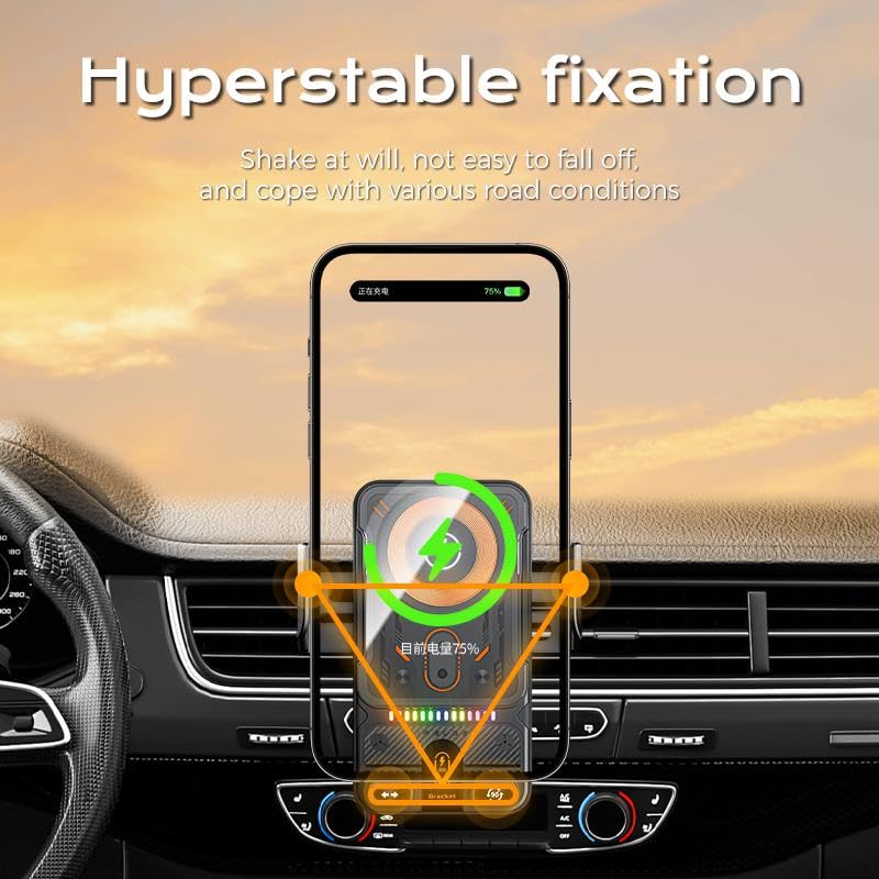 Car Phone Holder with Electric Induction Opening and Closing, Electric Horizontal and Vertical Screen Rotation Adjustment, 15W Wireless Charging