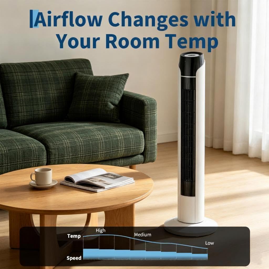 JustSmart Tower Fan - Upgraded DC Motor, 56dB Quiet, 18ft/s Airflow, 60° Oscillating, Remote & Touch Screen