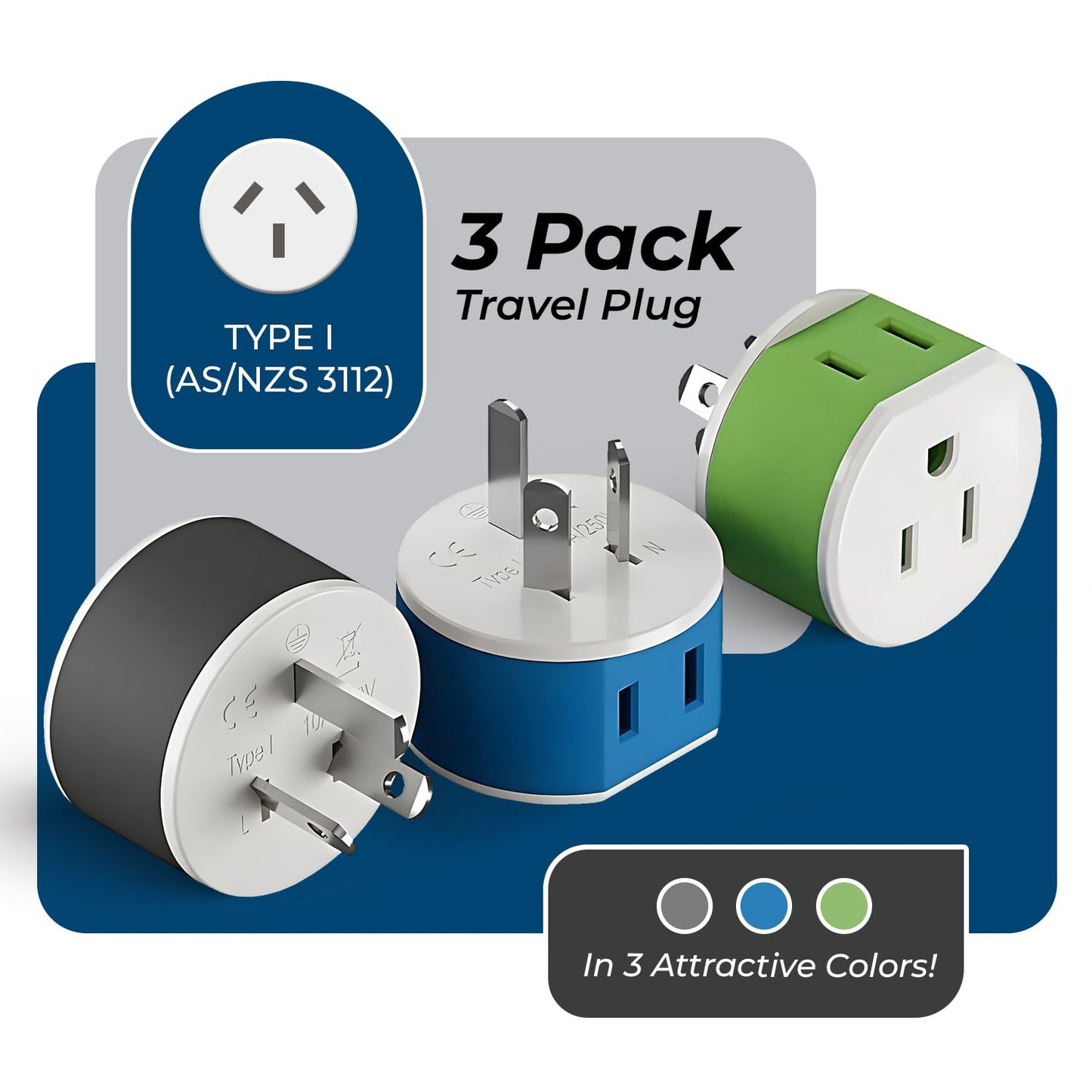 OREI Australia, New Zealand, China Power Plug Adapter with 2 USA Inputs - Travel 3 Pack - Type I (US-16) Safe Grounded Use with Cell Phones, Laptop…
