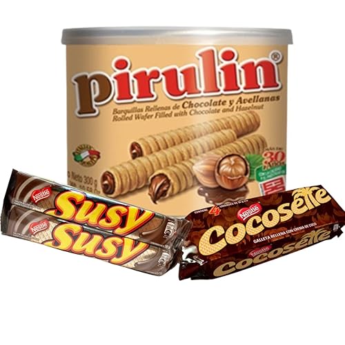 Latinsabor Venezuela Snacks Sweet Pack: COCOSETTE Cookie Wafers 50 gr (4 Pack) + SUSY Cookie Wafers 50 Gr (4 pack) + Pirulin Wafer Filled…