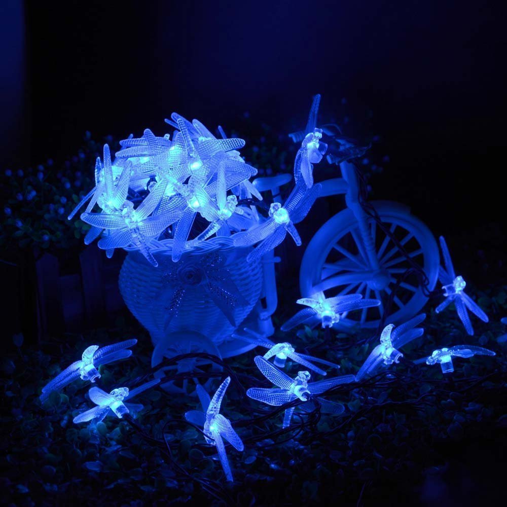 DINOWIN Dragonfly Lights, 20FT/6M 30 LED Solar String Lights with 8 Modes, Waterproof for Outdoor, Garden, Christmas Decorations (Blue)
