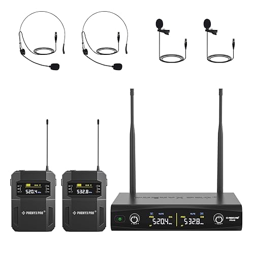 Phenyx Pro UHF Wireless Microphone System w/ 2x30 Tunable Frequencies, Metal Cordless Mic Set, 200 ft Range, 2 Bodypacks & Headsets/Lapel Mics for