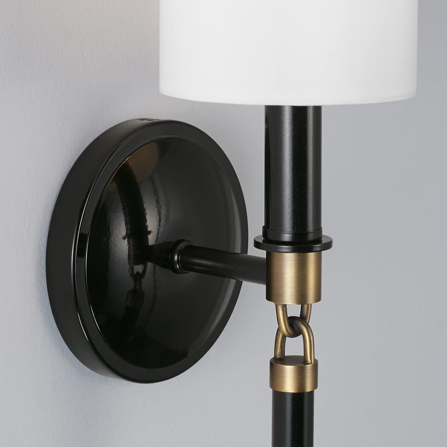 Capital Lighting 641911YA-700 Beckham Modern White Fabric Stay-Straight Shade Wall Sconce, 1-Light 60 Watt, 16" H x 5" W, Glossy Black and Aged Brass