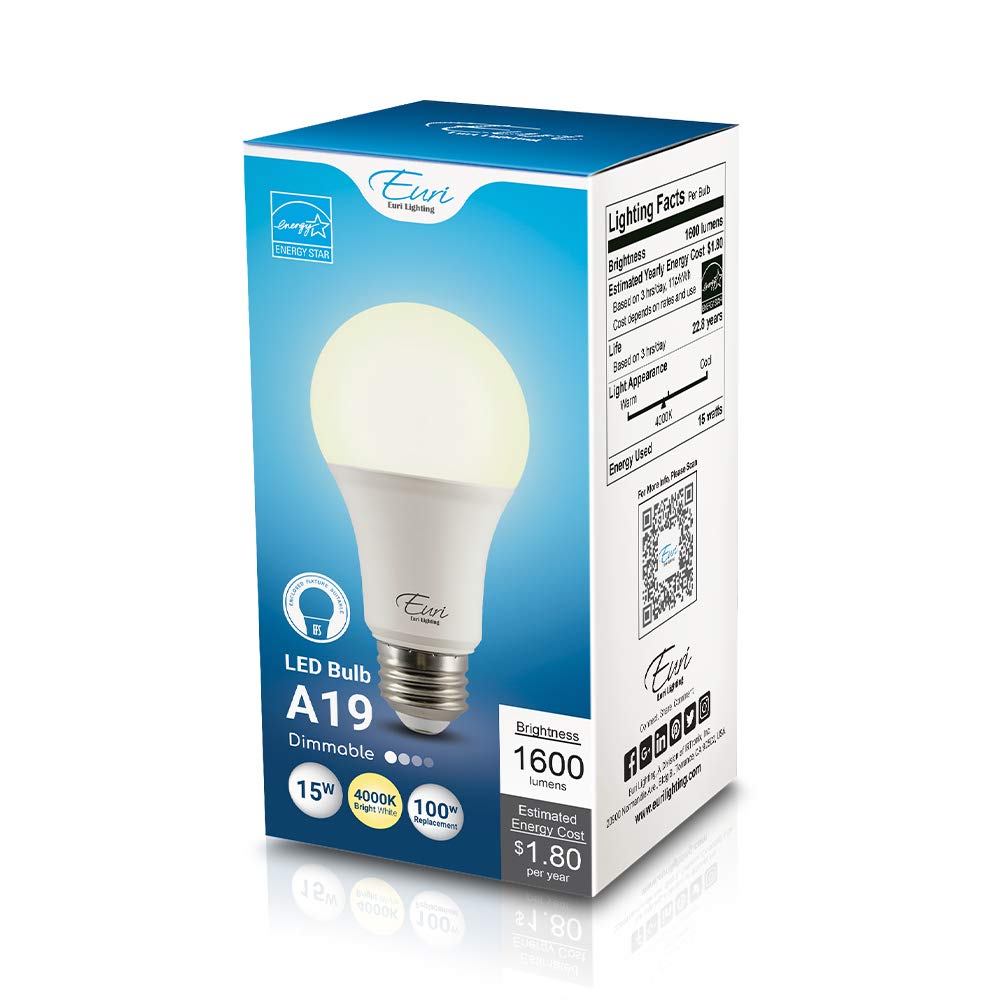 Euri Lighting EA19-15W2040e, LED A19 15W (100W Equivalent), 1600lm, Dimmable, 4000K (Bright White) E26 Base, Fully Enclosed Rated, Damp Rated, UL, 3YR