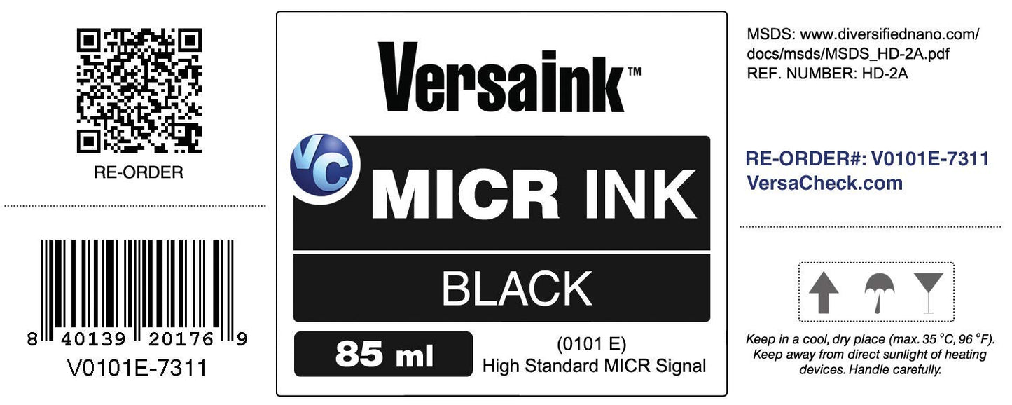 VersaInk-Nano Black MICR Ink -85ml - Magnetic Ink for Check Printers and All-in-One Inkjets - High Standard MICR Signal, V0101E-7311