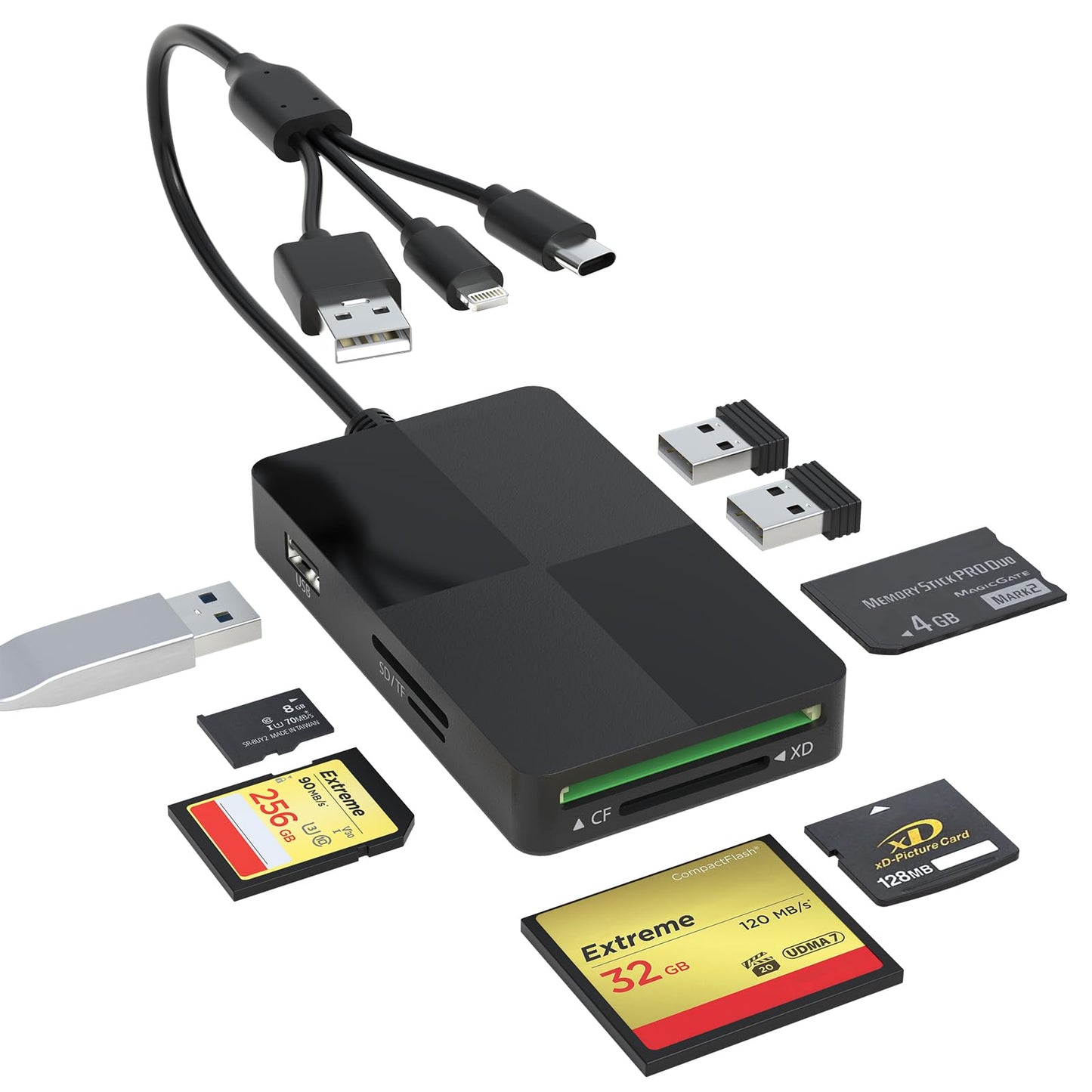 Memory Stick Duo pro Adapter - 8 in 1 SD/TF/MS/CF/XD Card Reader with Extra 3 USB Ports Supports Micro SD/SDHC/XD Picture Card USB C Lightning OTG
