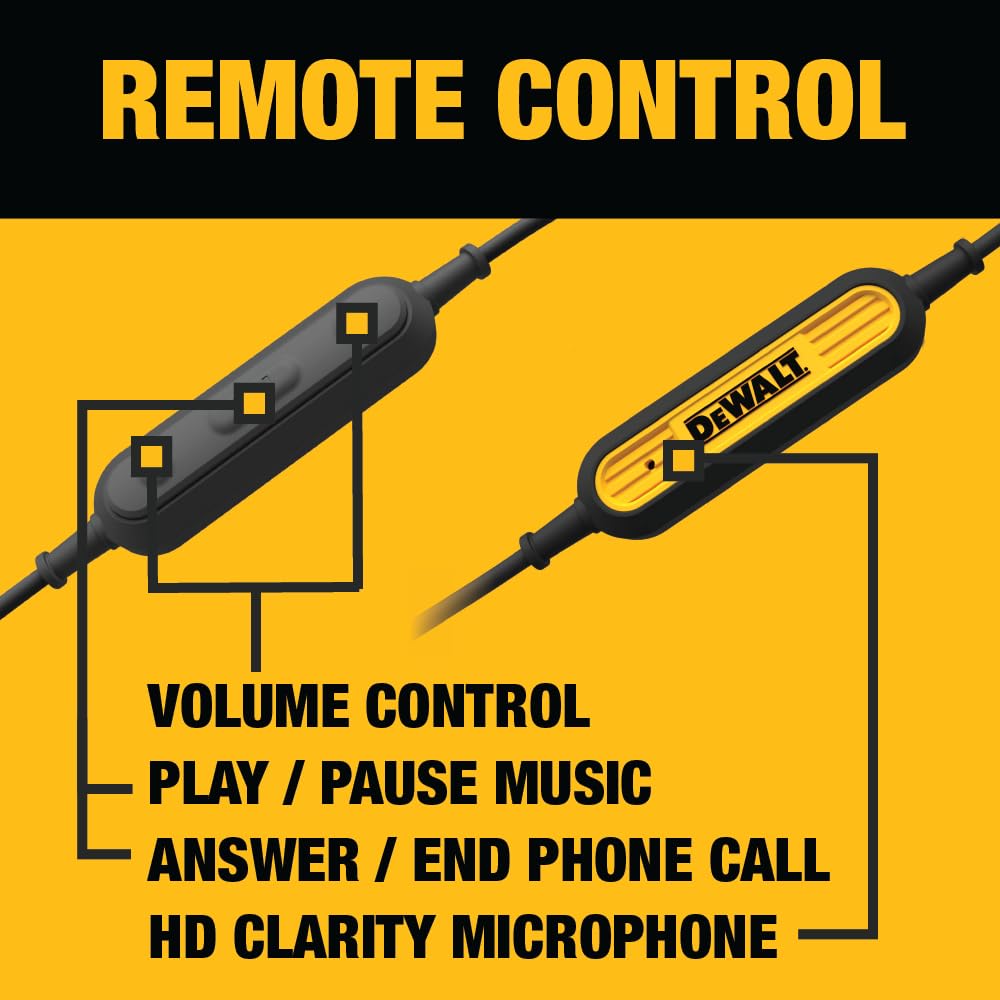 DEWALT Heavy Duty Wired Earphones with Microphone, Jobsite Earbuds Wired 3.5mm, Water-Resistant 3.5mm Earbuds with Mic, Connected Headphones