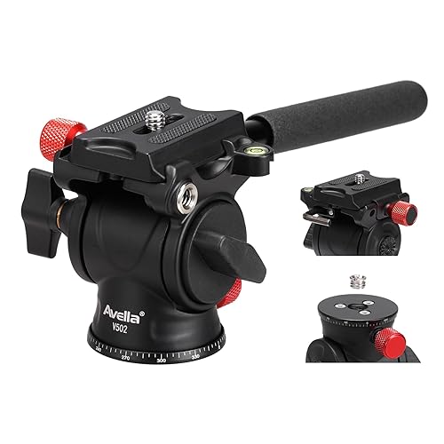 Avella Tripod Fluid Head Pan Tilt Head with Arca Type Quick Release Plate and Handle, Metal Panorama Head with Scaled Base for Compact Video Camera