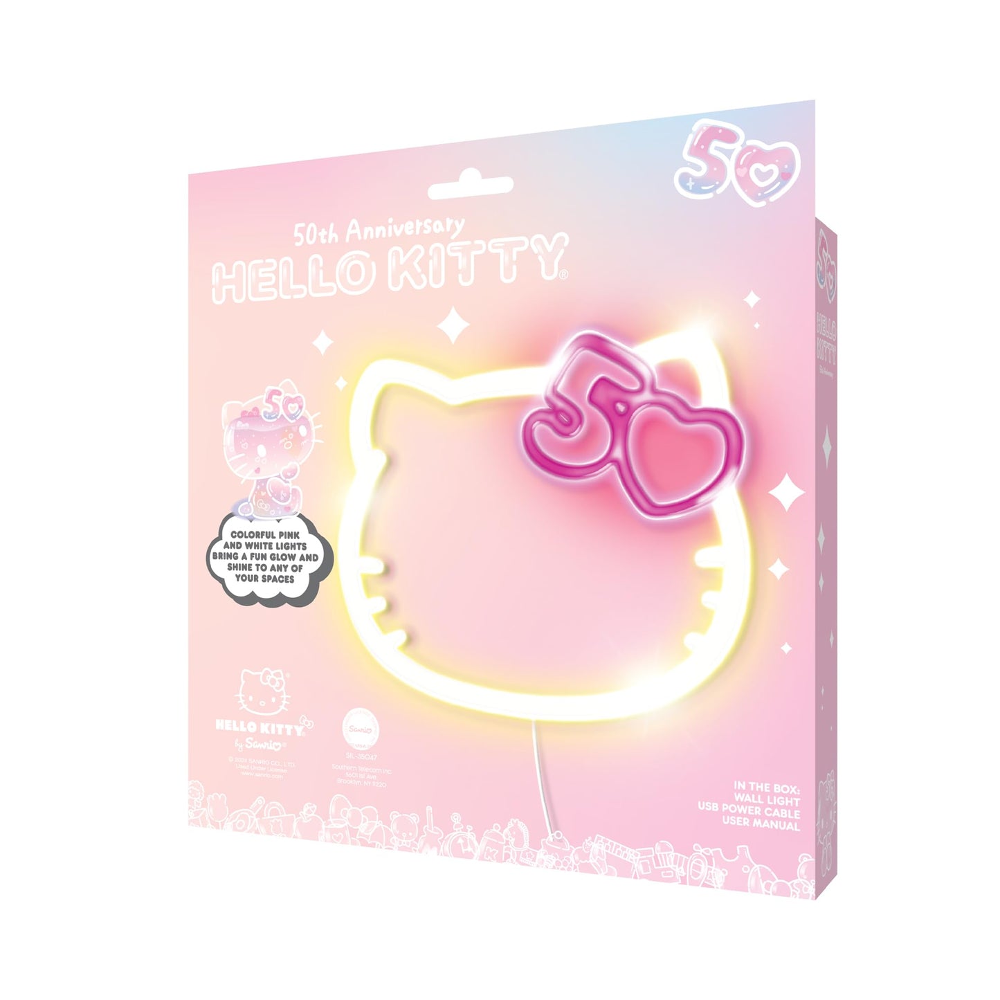 Hello Kitty 50th Anniversary Light-Up Wall Decor - USB Powered Neon LED Sign with Pink and White Lights, Cute Decorative Wall Art for Bedrooms