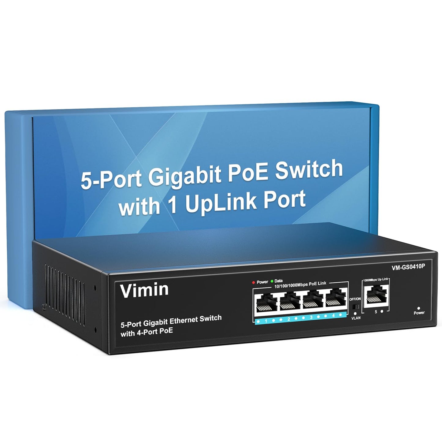 4 Port Gigabit PoE Switch with 1 Uplink Gigabit Ports, VIMIN 5 Port Unmanaged Ethernet PoE Switch with 72W Power, Support IEEE802.3af/at, VLAN, Metal
