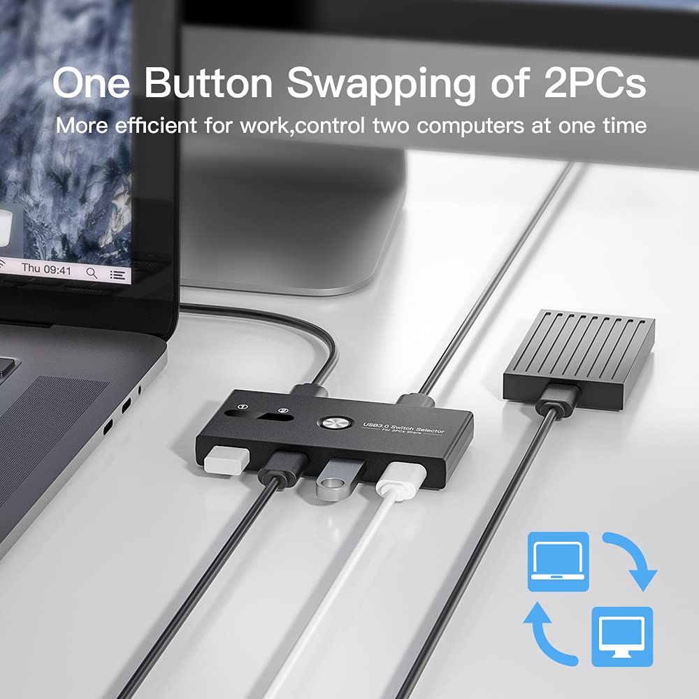 USB Switch, USB 3.0 Switcher 2 Computers Share 4 USB for PC Mouse Keyboard Printer Scanner, USB KVM Switch Selector Compatible with Windows, Mac