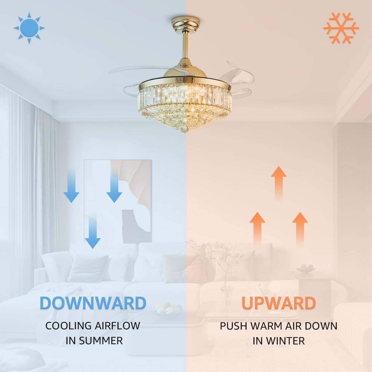 MOOONICHE 42 Inch Crystal Ceiling Fan with Light and Remote Modern Gold Dimmable Fandelier Invisible Retractable Chandelier Fan for Bedroom Living