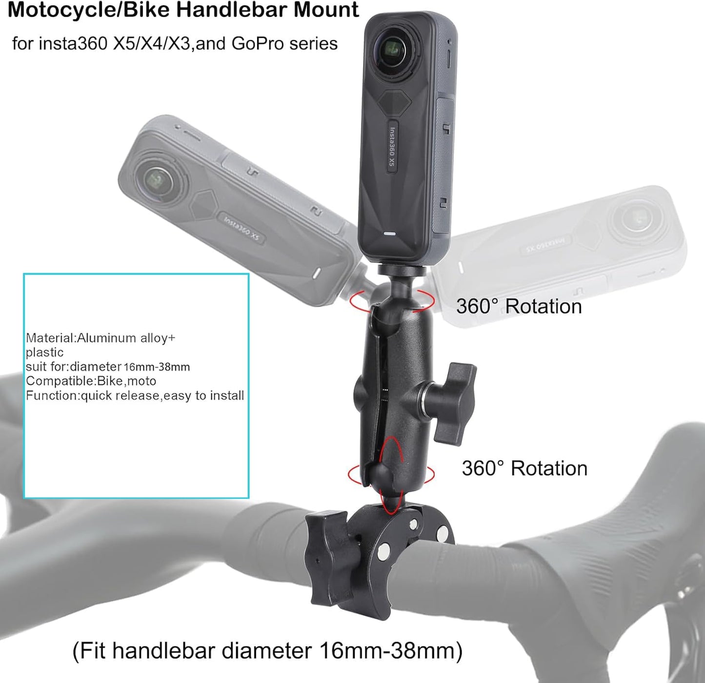 PellKing Camera Air Pump Vacuum Suction Cup Handlebar Mount Kit Compatible with Insta360 X5/X4/X3/GoPro 13/12/11/10/9,with 360° Rotation Function