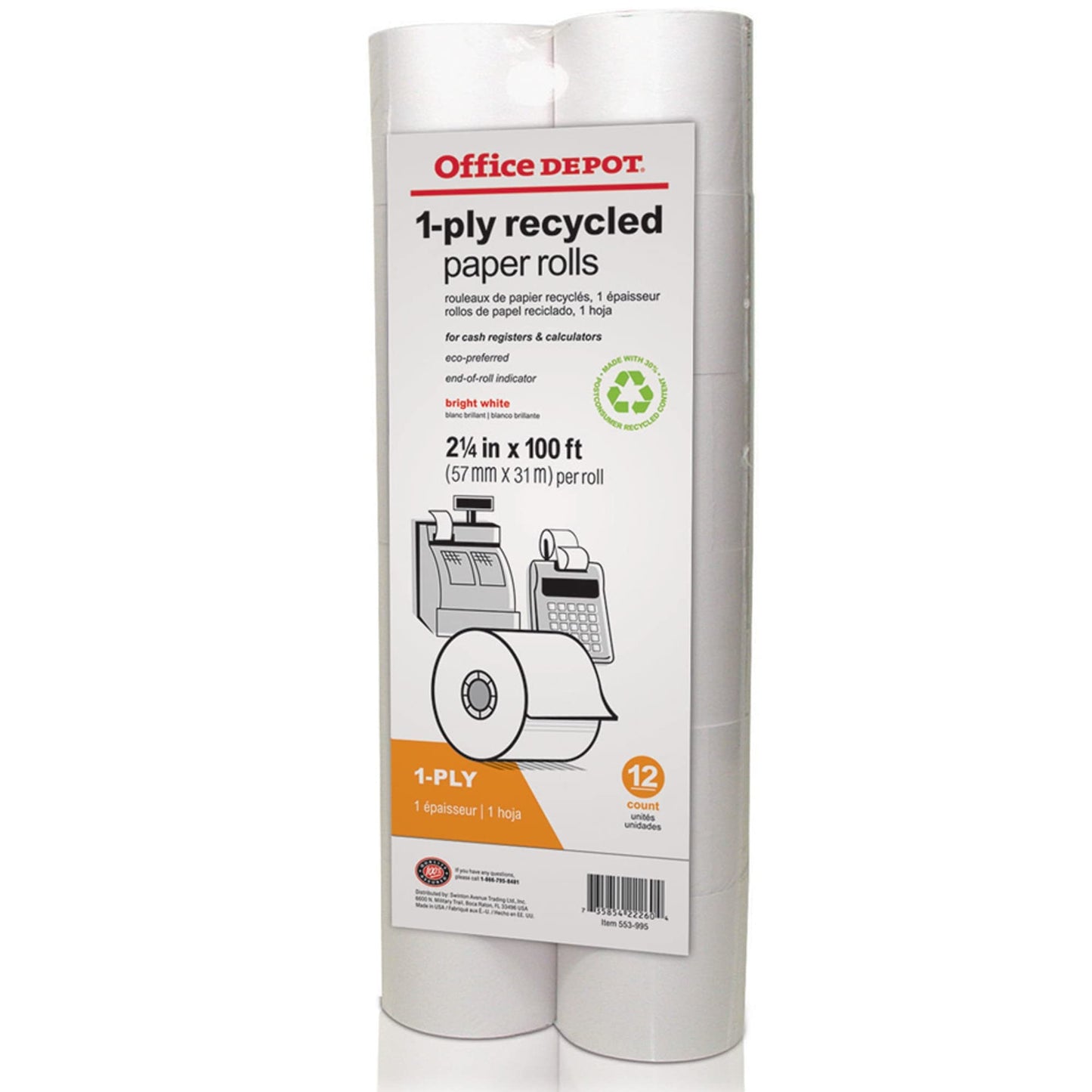 Office Depot Calculator Print Rolls, 2 1/4in. x 100ft., 70% Recycled, White, Pack Of 12, 553995