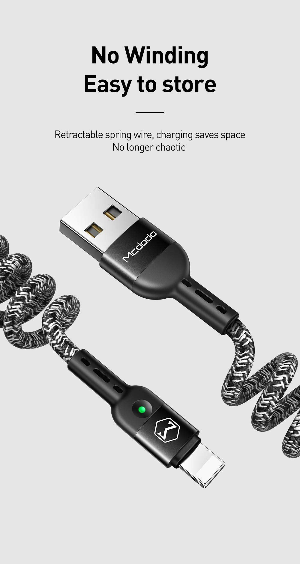 mcdodo Anti Winding Cable, LED Coiled Cord Nylon Braided Sync Charge USB Data 6FT/1.8M Cable Compatible New iPhone 14/13/12/11 Pro Max (Black…