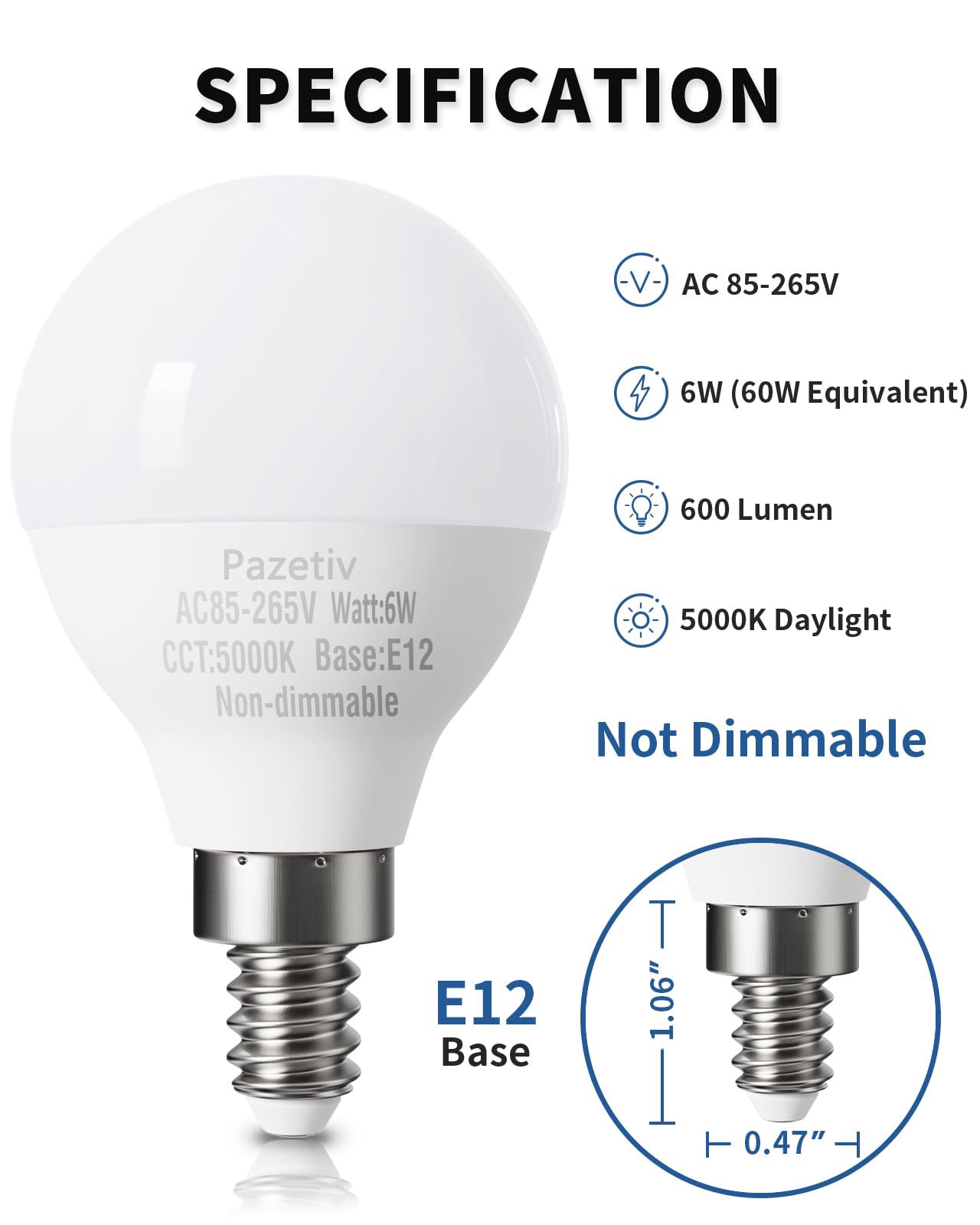 8 Pack E12 LED Ceiling Fan Light Bulbs, A15, 60W Equiv., Daylight 5000K