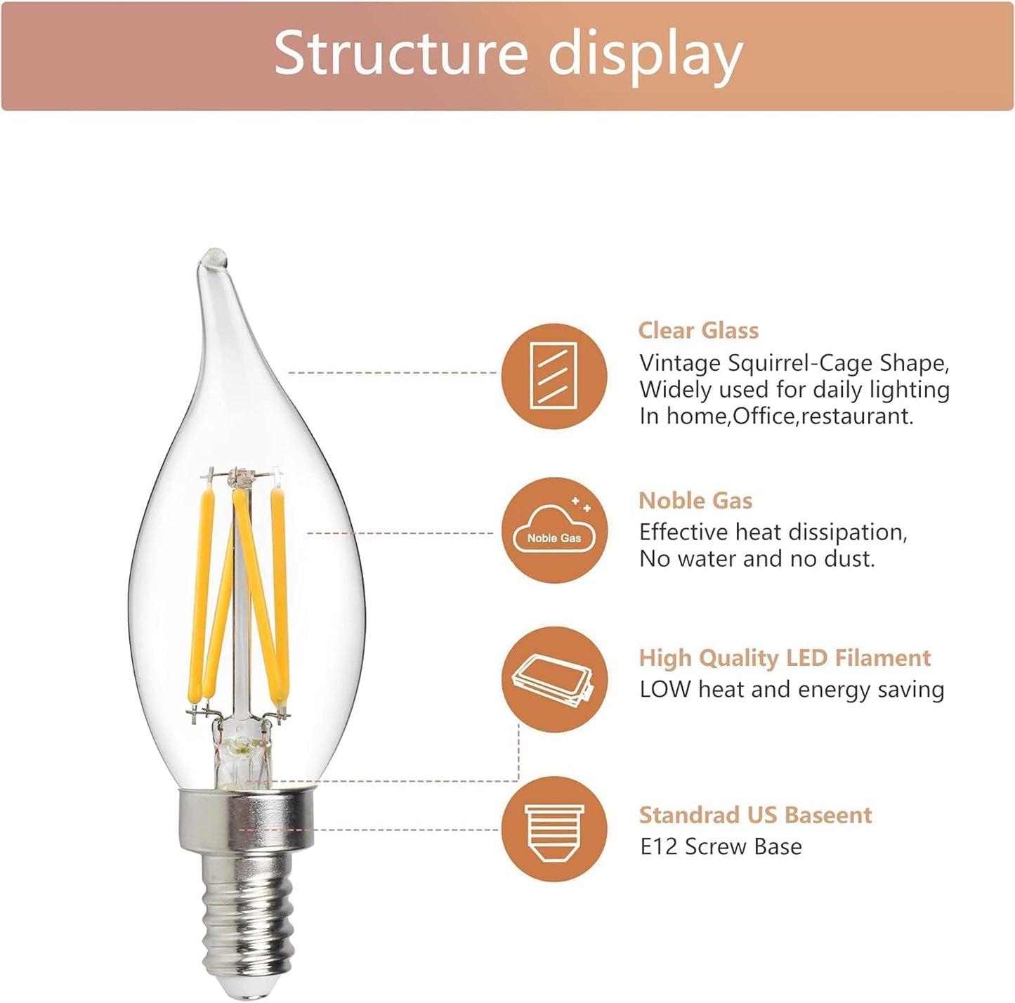 LOROFY 6 Pack E12 Led Light Bulbs, 40 Watt Equivalent 4W, CA10 2700K Warm White 400LM Dimmable Chandelier Bulbs, High Brightness Candelabra Bulbs