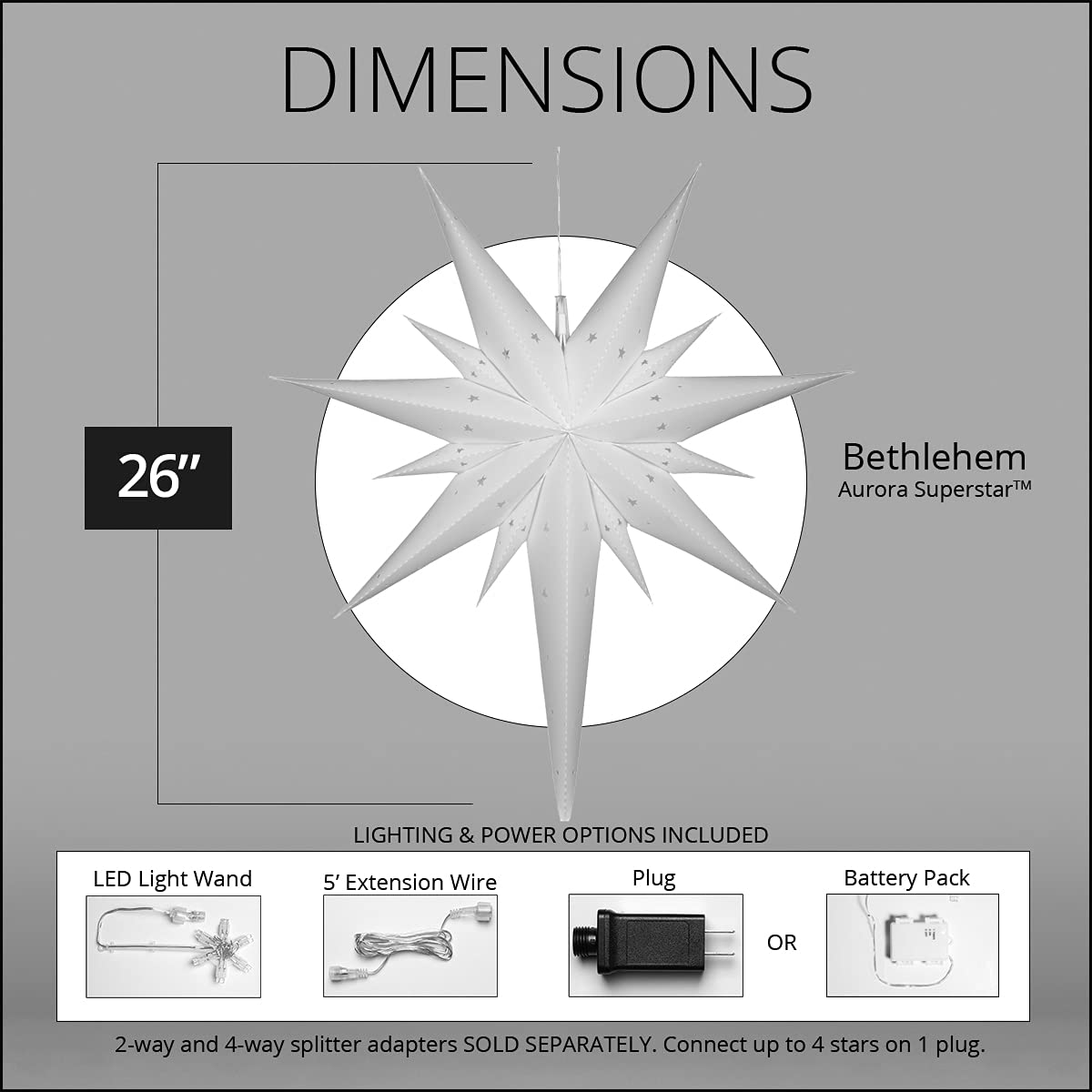 Wintergreen Lighting 26" White Bethlehem Star Fold-Flat Christmas Star Lights Reusable LED Plug-in or Battery Indoor-Outdoor 3D Hanging Decoration