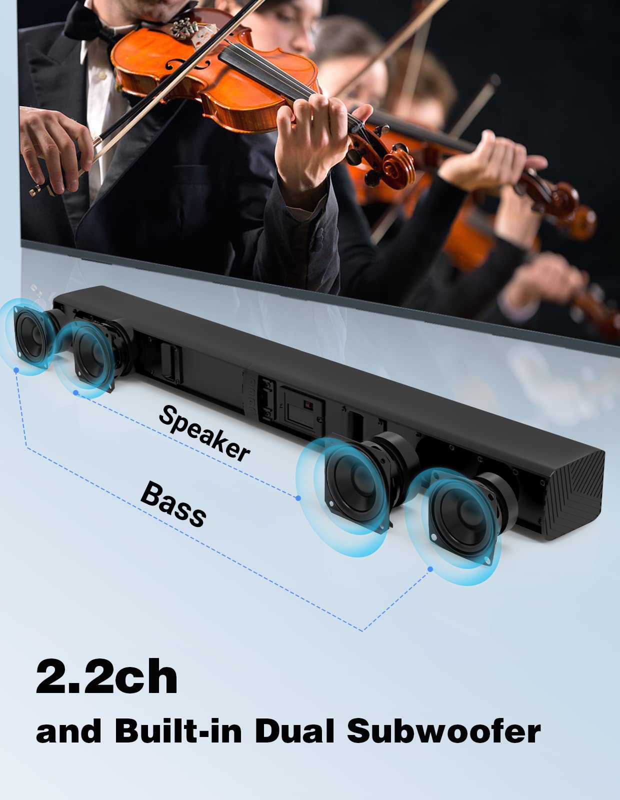 Puxinat 2 in 1 Separable Sound Bar for Smart TV, 2.2 Channel 32Inch Bluetooth 5.0 TV Speaker for Surround Sound System, Built-in Dual Subwoofer, Bass
