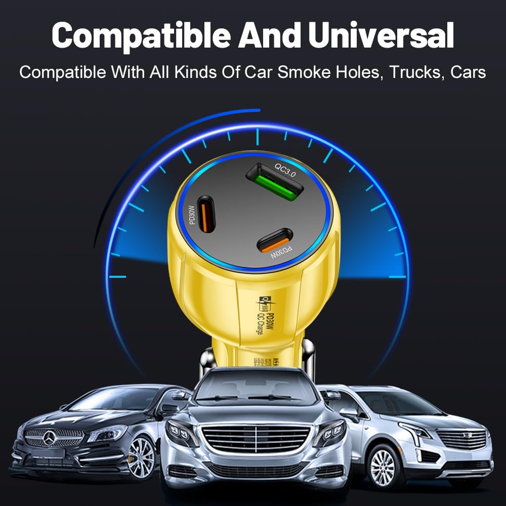 3-Port 90W USB C Car Charger, PD30W & QC3.0 Fast Car Charger Cigarette Lighter Plug Adapter for iPhone/Android/Samsung/iPad (Yellow)