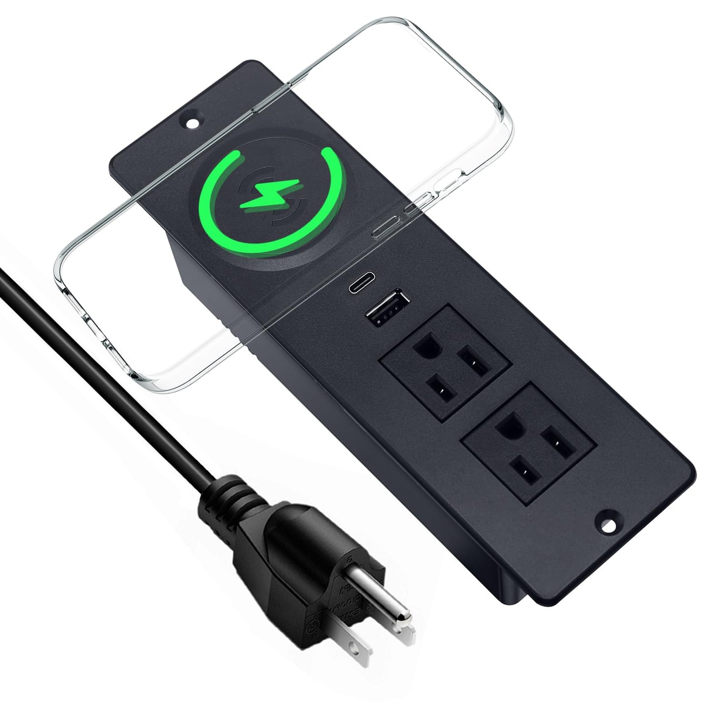 Recessed Power Strip with 15W Wireless Charger,Furniture Recessed Outlet with USB C Fast Charging,Desktop Charging Station & 2 Outlets,2 USB Ports