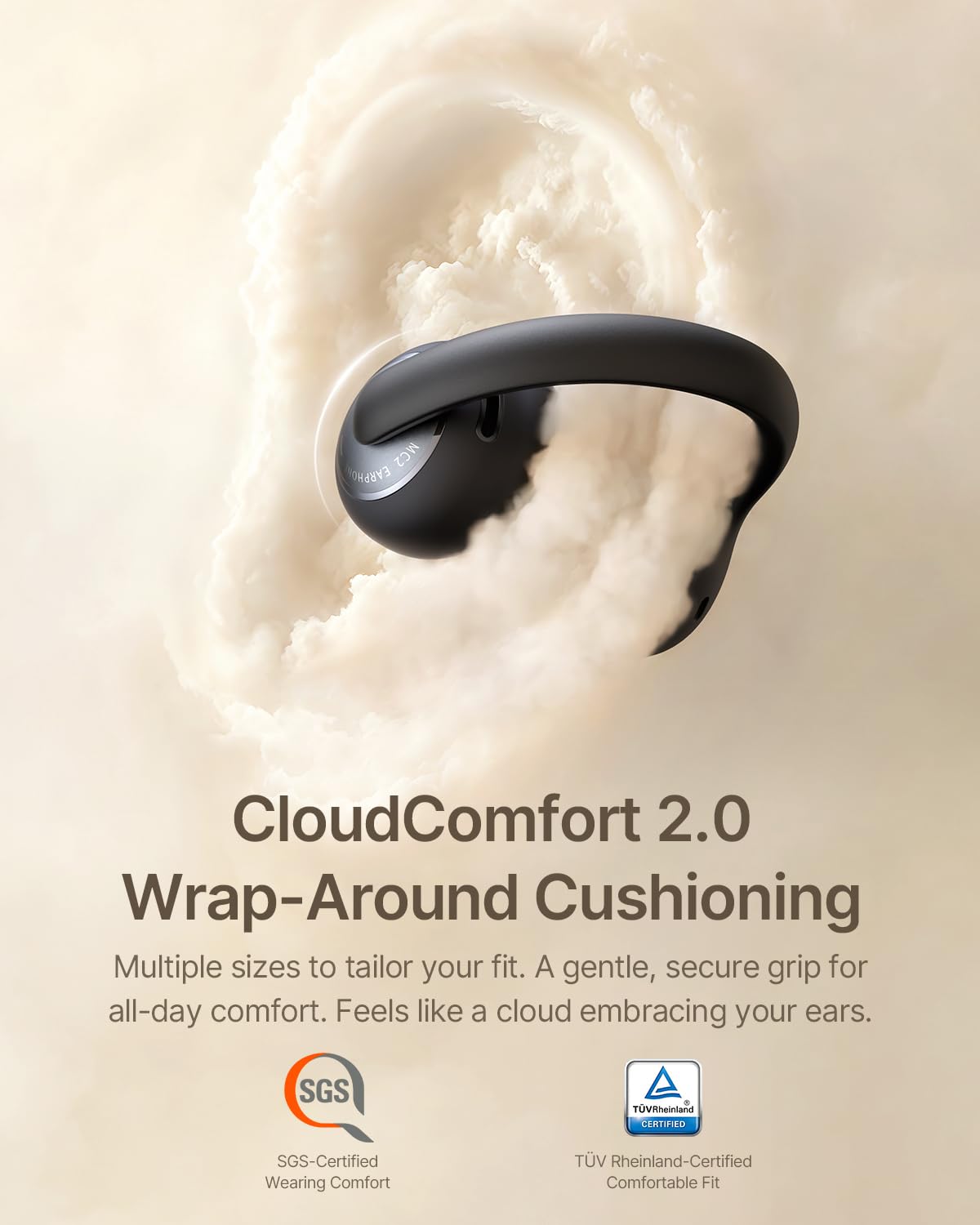 Baseus Bowie MC2 Open Ear Clip On Earbuds, CloudComfort 2.0 Wrap-Around Design, LDAC Hi-Res Audio, Bluetooth 6.0, 55H Playtime, 4-Mic AI Clear Call