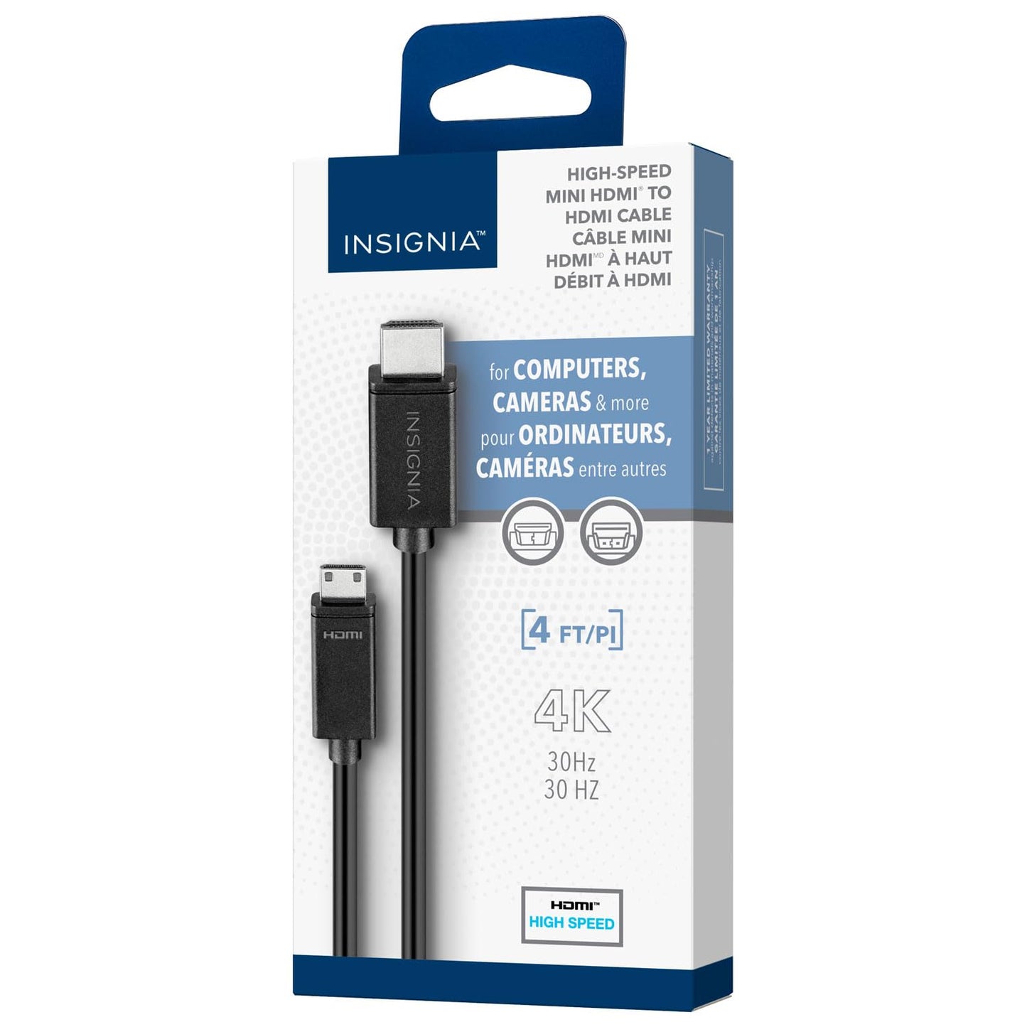 INSIGNIA 4ft. Mini HDMI to HDMI Cable, High-speed 4K Ultra HD FHD, Compatible with Camera, Camcorder, Tablet and Graphics Video Card, Laptop