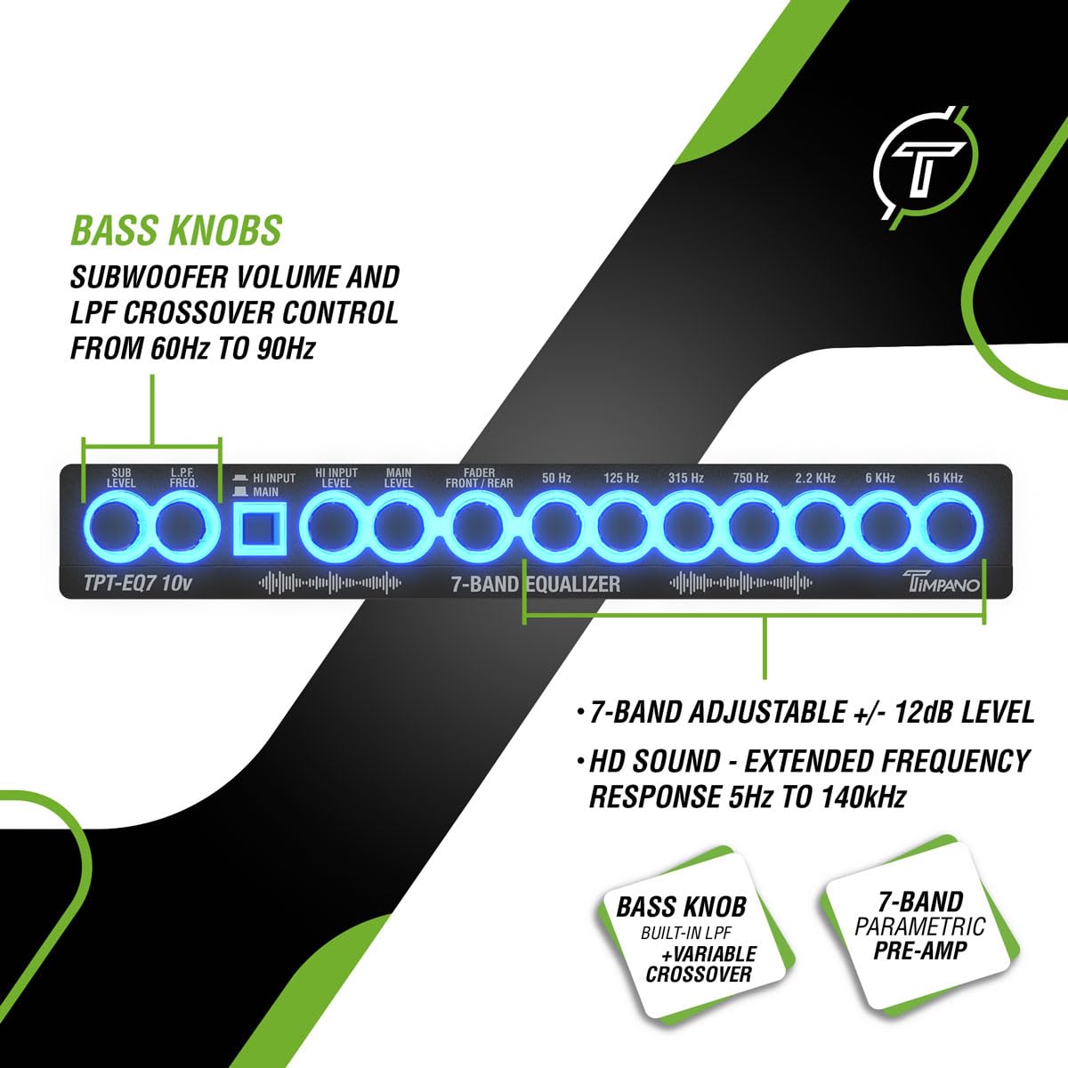 Timpano 7 band equalizer TPT-EQ7 10V High Voltage Line Driver 6 Channel RCA Output and Subwoofer Control and Crossover 1/2 Din Graphic Car Audio Eq with High Level Input