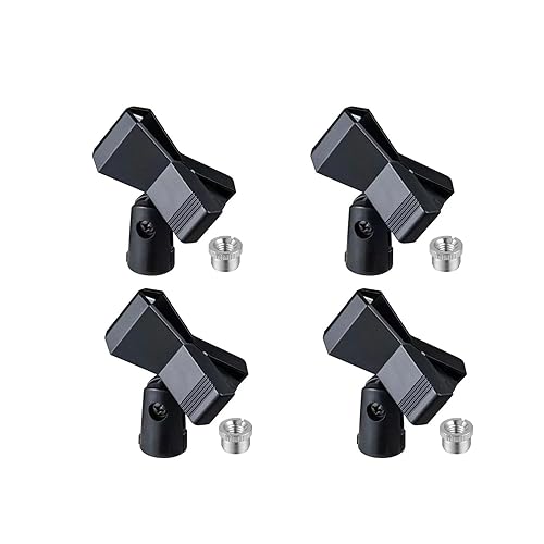 Rannsgeer Universal Microphone Clip Holder - Mic Stand Adapter 5/8” to 3/8" Thread for Studio Recording, Podcast, Karaoke (Black, 4 Pack)