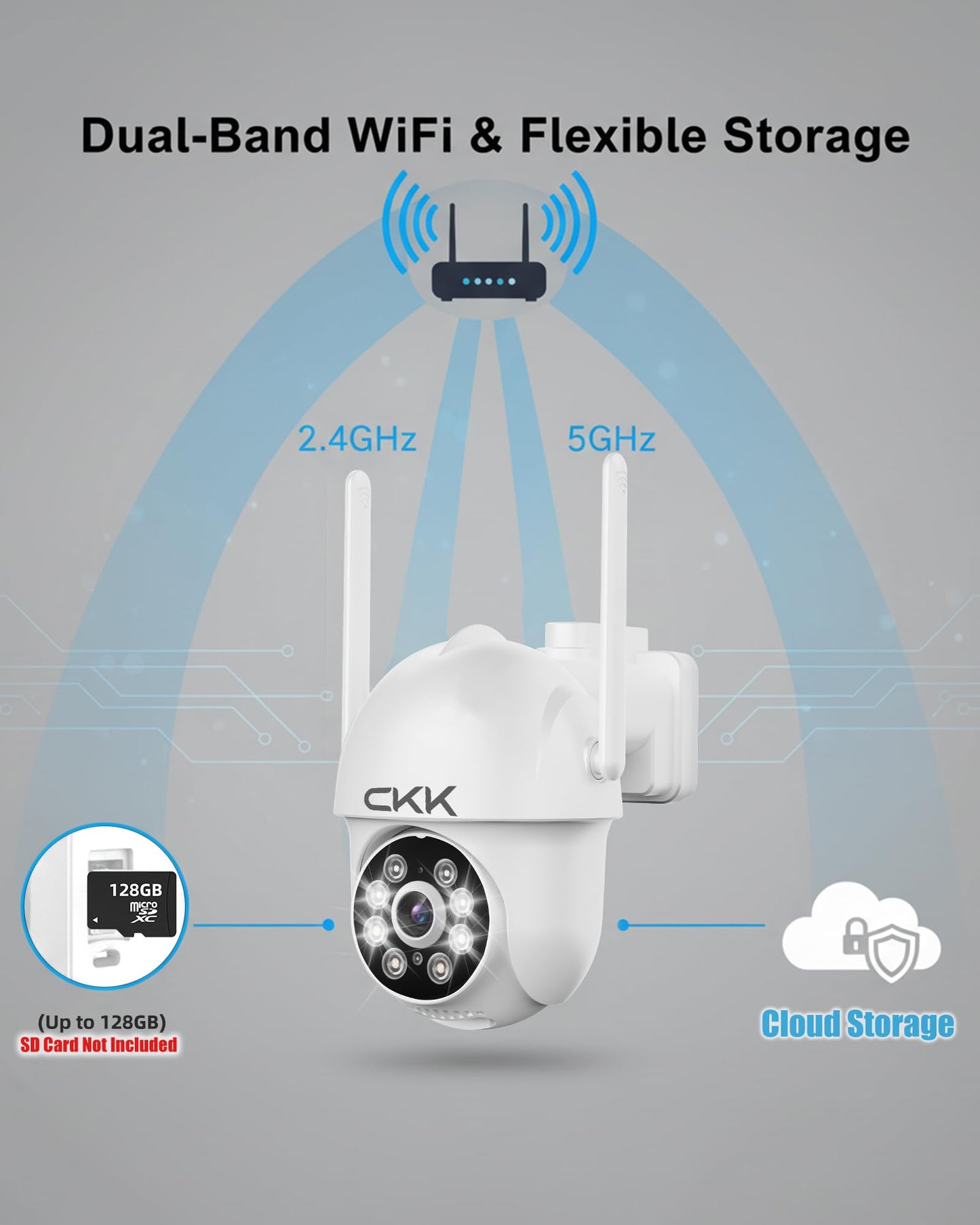 CKK 2K Security Cameras Outdoor 2Pack, 2.4G/5G Wireless Home Security Cameras, 360 PTZ, PIR Motion Detection, Color Night Vision, 2-Way Talk