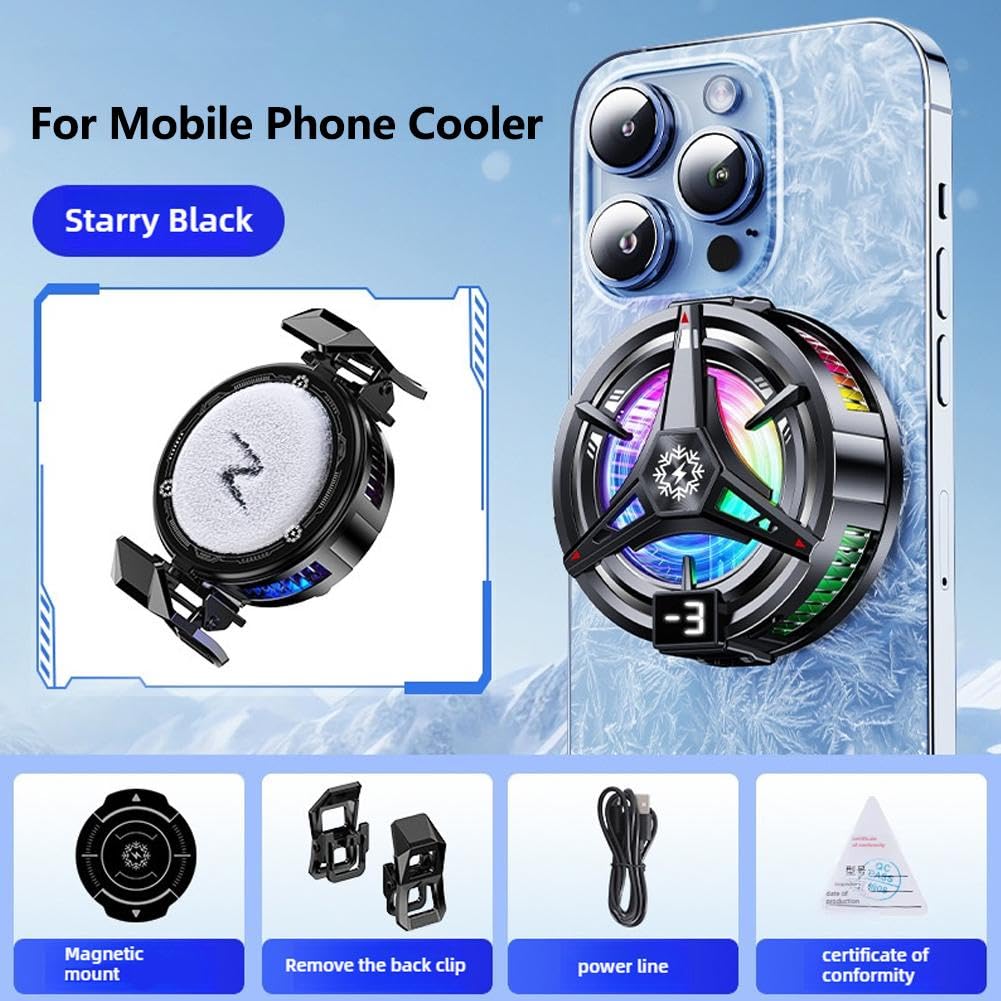 Protable Mobile Phone Cooler, Three-Speed Magnetic Cellphone Radiator with Temperature Display&Light, Rechargeable Phone Cooling Fan