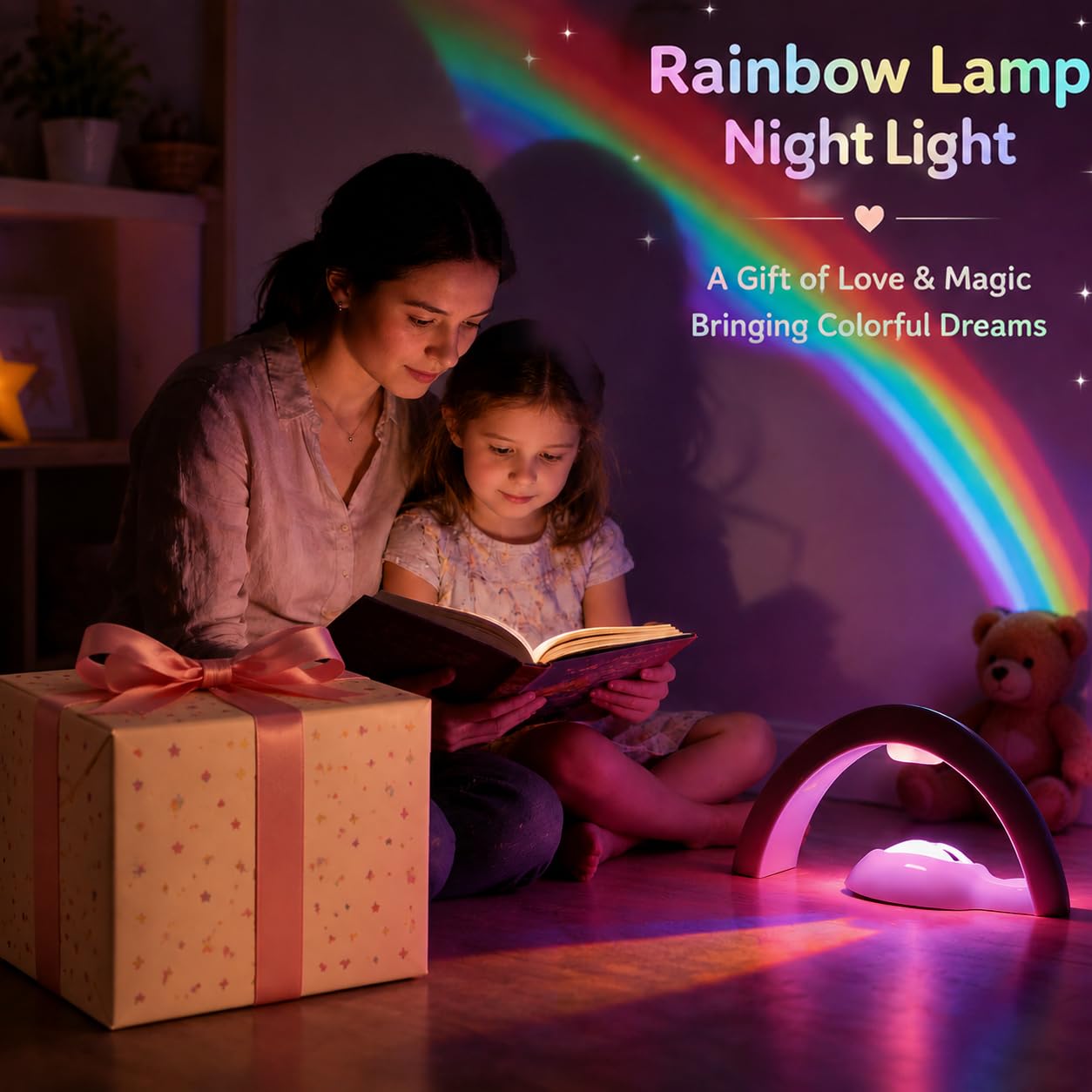 Rainbow Projector Night Light for Kids Bedroom, USB/ Battery Powered LED Rainbow Lamp with 10-Min Auto-Off Sleep Timer, Rainbow Projection Signs Wall