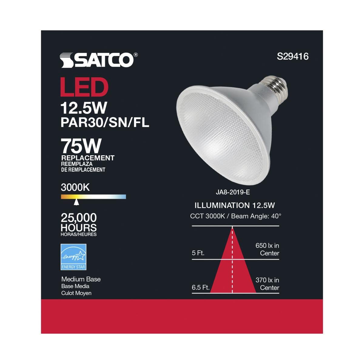 Satco S29416 12.5W Short-Neck PAR30 LED Reflector Bulb, 3000K, Clear