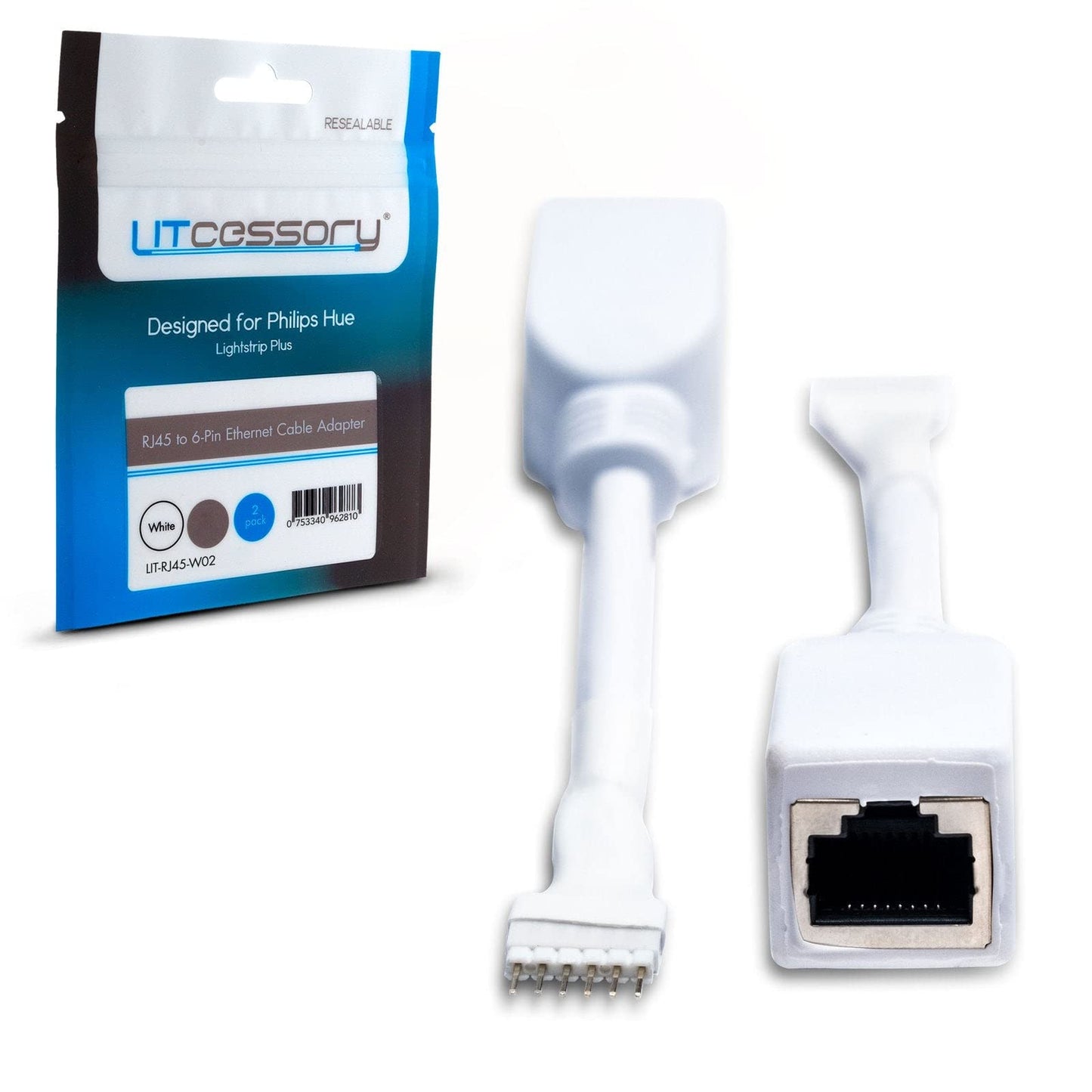 Litcessory RJ45 to 6-Pin Ethernet Cable Adapter for Philips Hue/WiZ Lightstrip (2 Pack - One Pair, White - Standard 6-PIN V3 / WiZ Lightstrip)