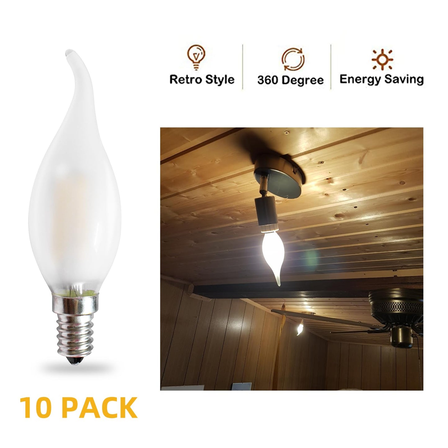 MZyoyo 10 Pack Candelabra LED Bulb, Dimmable E12 Candle Bulbs, 4W Chandelier Light Bulbs, BA11 Flame Shape Bent Tip, 4 Watt LED Light Bulb, 2700K Warm