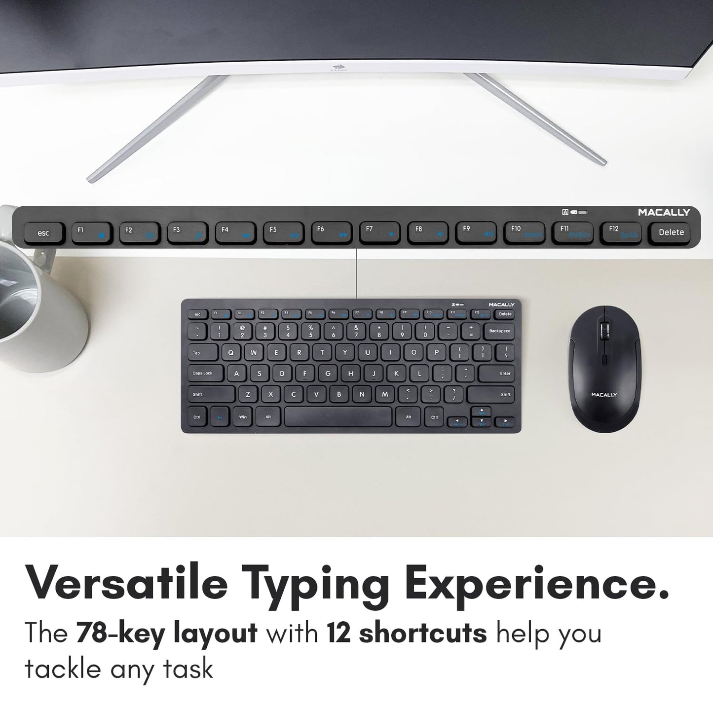 Macally Small Wireless Keyboard and Mouse Combo - Quiet Productivity Duo - 2.4G Wireless Keyboard Mouse for PC - 78 Key Mini Keyboard and Mouse