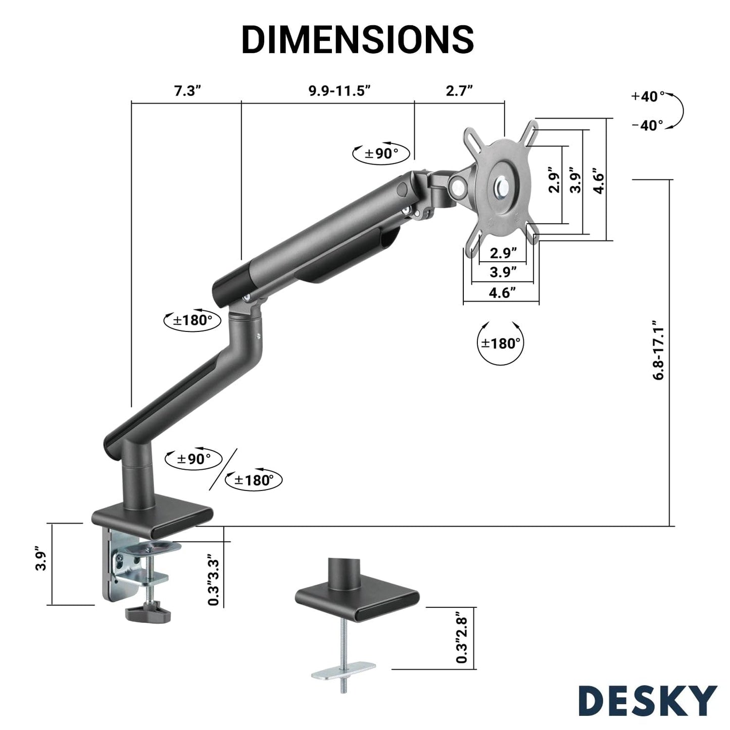 Desky Single Slim Monitor Arm - Adjustable Desk Mount with Gas Spring, VESA 75/100, 360° Rotation, Cable Management, Fits Monitors Up to 32", 19.8 lbs