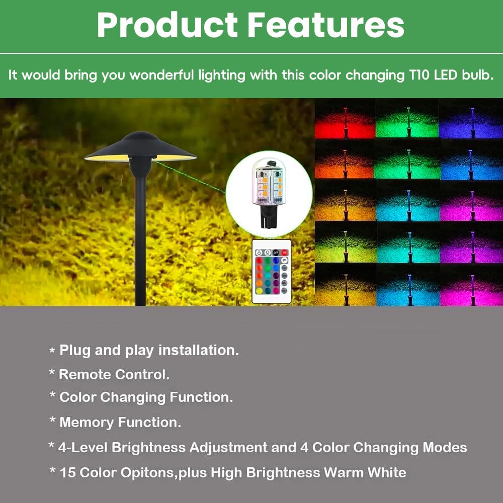 Makergroup RGB T5 T10 Wedge Base LED Light Bulbs 12V Color Changing, Warm White+15 Multi-Colors and Dimmable on Remote Control, Weatherpoof