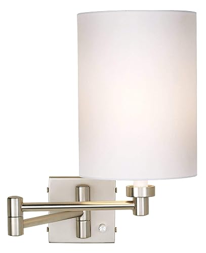 Possini Euro Design Modern Swing Arm Adjustable Wall Lamp Brushed Nickel Plug-in Light Fixture Dimmable White Cotton Cylinder Shade for Bedroom