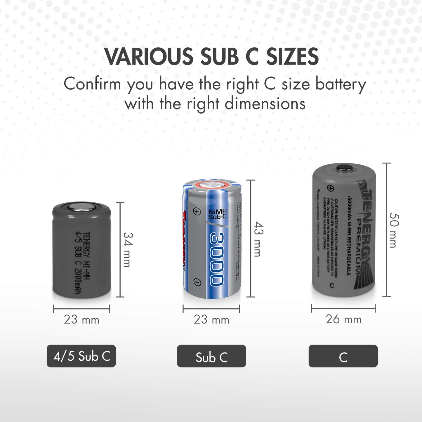 Tenergy NiMH SubC 1.2V 3000mAh Rechargeable Batteries, for Power Tools, 15 Pack