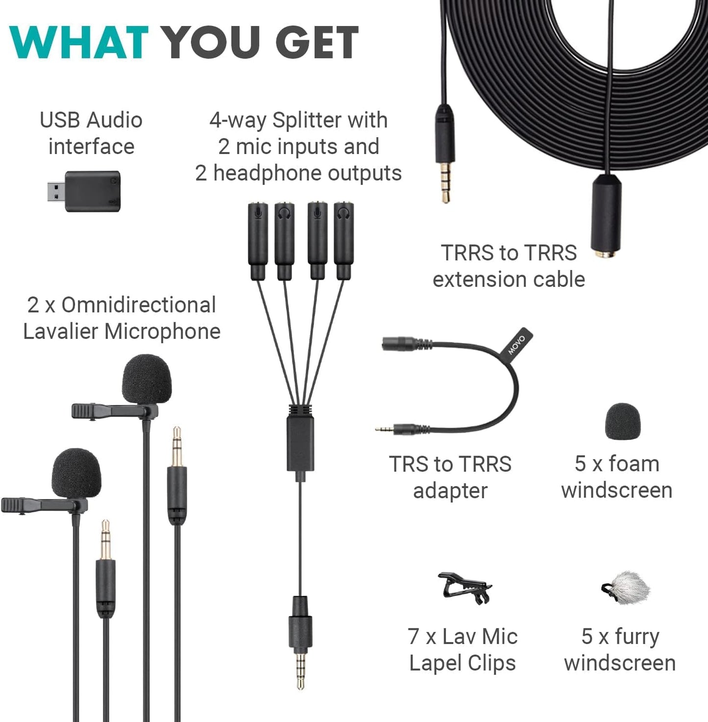 Movo VersaLav-V2 Lavalier Microphone Set for Smartphones, Computer, DSLR or Mirrorless Camera with Two Lapel Microphones, Splitter, Extension Cord