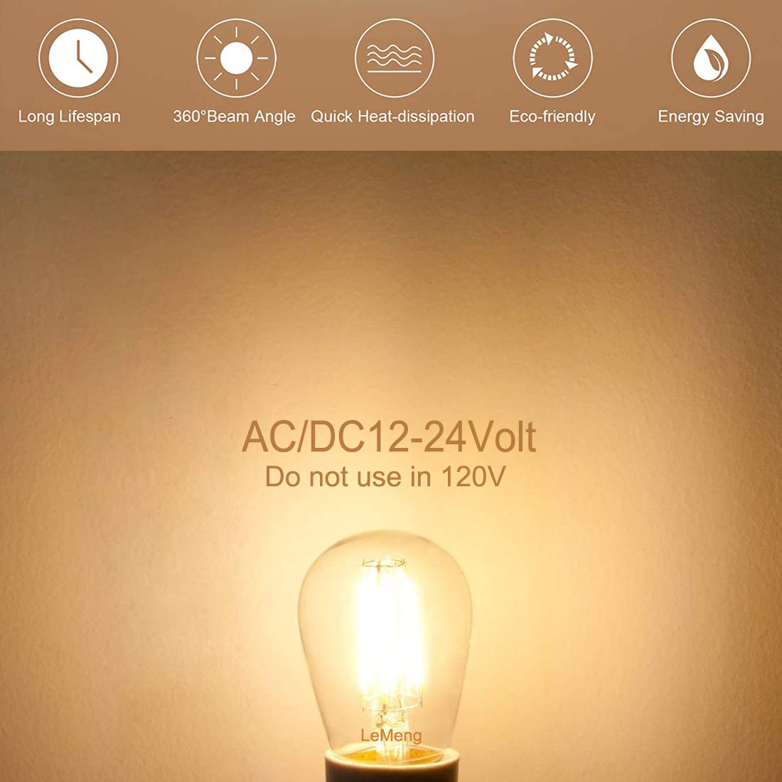 12volt LED Light Bulb 4W Edison Filament Vintage E26 Base 3000K Warm White