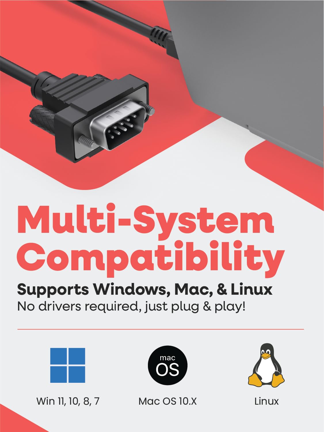 Gearmo USB to Serial Cable - Compact DB-9 Connector, 36 Inch Length, FTDI Chip, Windows / Mac / Linux, 64-bit Compatible RS232 Adapter