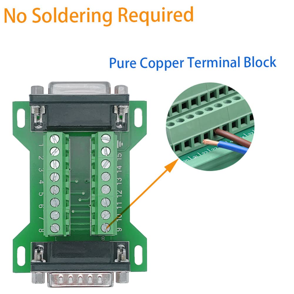 Jienk 2Pcs DB15 Male to Female Terminal Breakout Board, RS232 D-SUB Serial to 15pin Port Terminal Block Gender Changer Connector